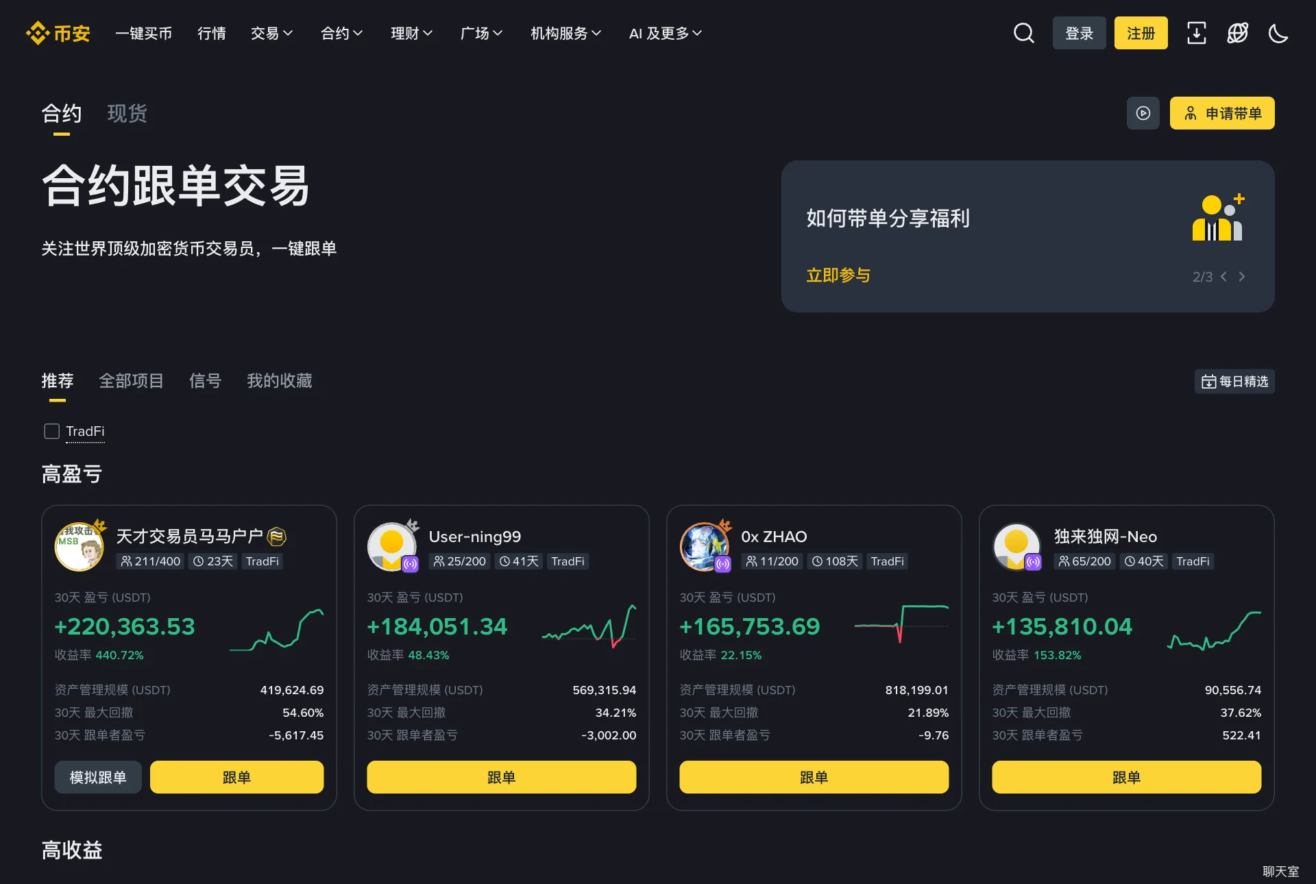 币安合约跟单交易页面,展示带单员的收益、收益率和最大回撤