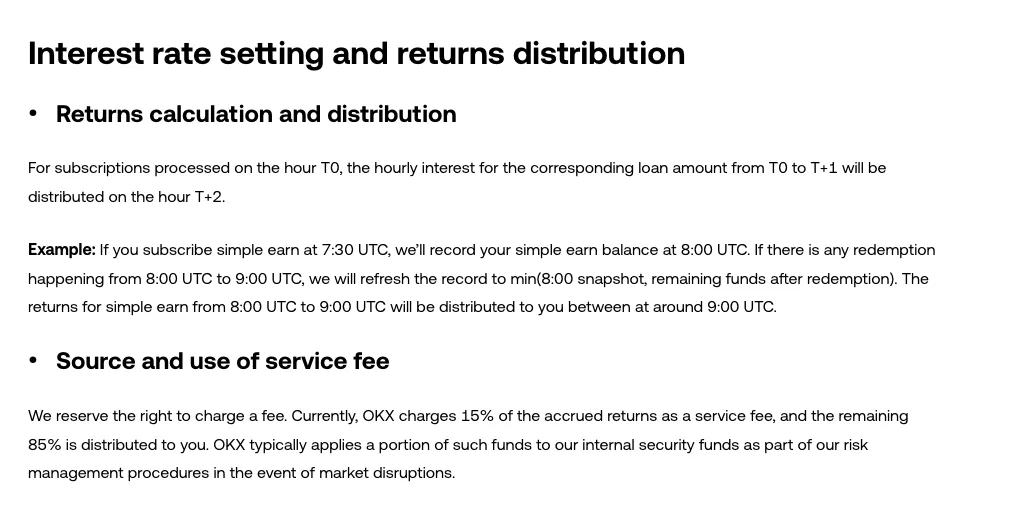 OKX help page section "Interest rate setting and returns distribution" showing the T0 to T+1 rule, the 7:30 UTC worked example and the 15% service fee paragraph.
