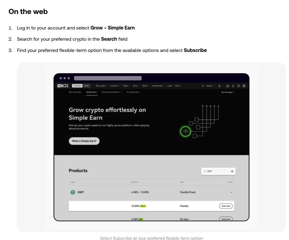 OKX help page screenshot of the web Simple Earn product list, with the Est. APR column showing a 4.38%–10.00% range for USDT and separate Flexible and 30-day rows.