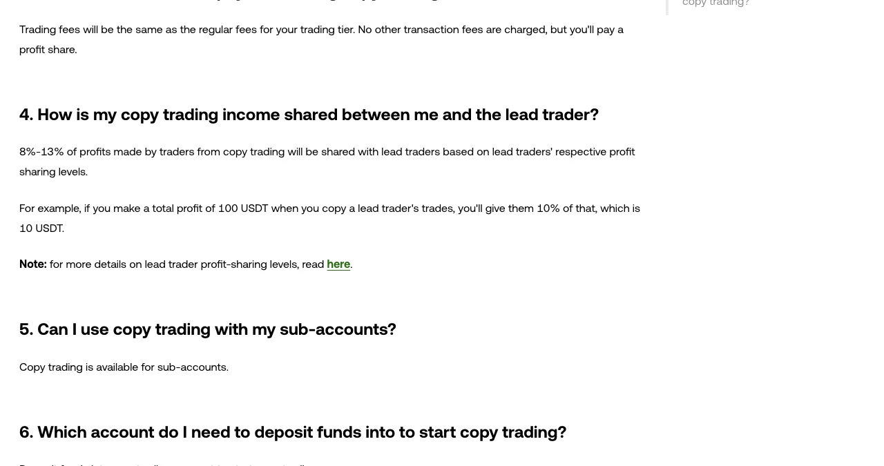 OKX official Copy Trading FAQ showing that regular trading-tier fees apply and that profitable copy trades may be subject to lead-trader profit sharing.