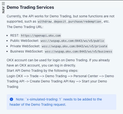 OKX API documentation showing the Demo Trading Services endpoints, API-key creation path and required x-simulated-trading header.