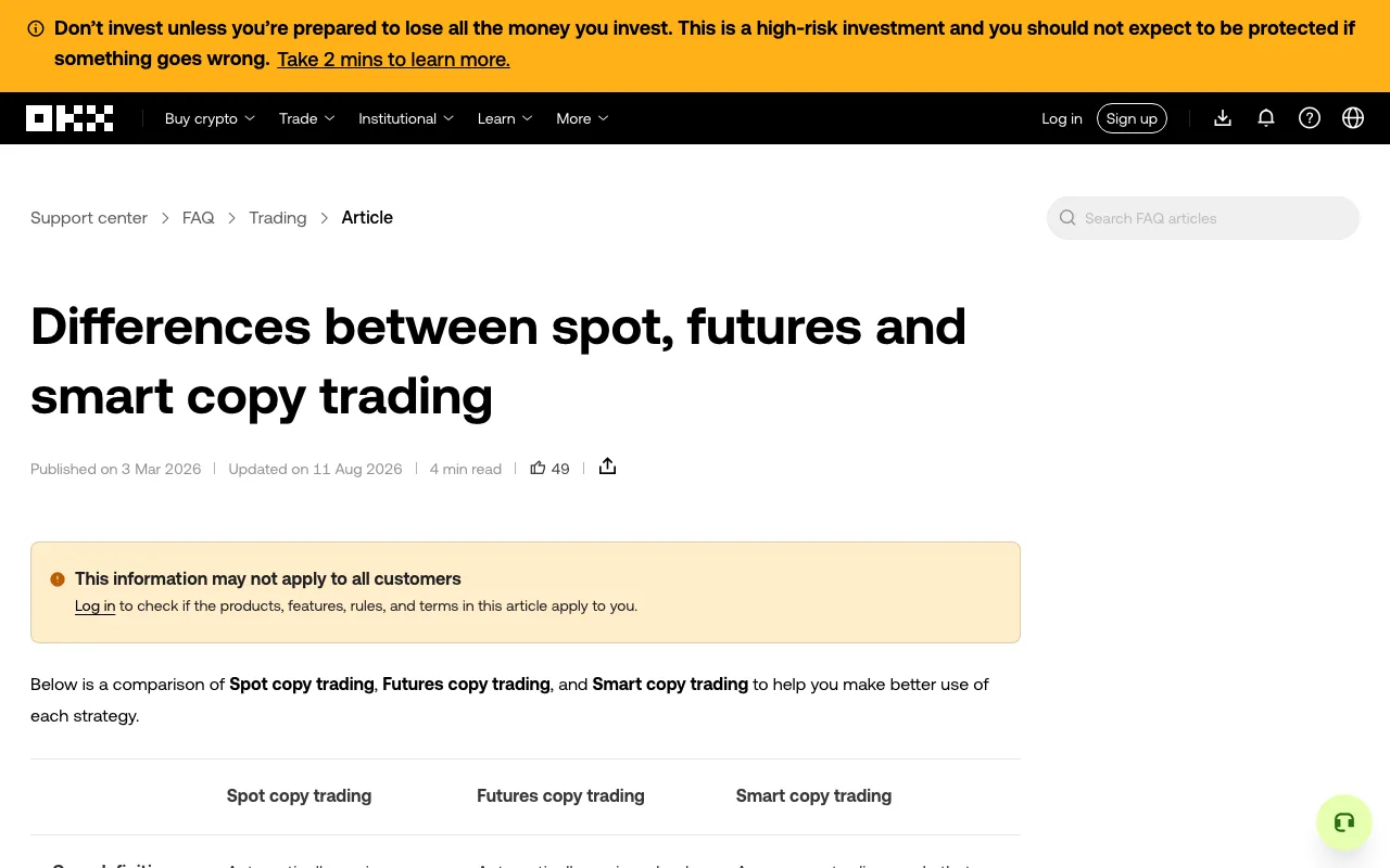 OKX Help Center comparison page headed “Differences between spot, futures and smart copy trading,” with the three comparison columns visible.