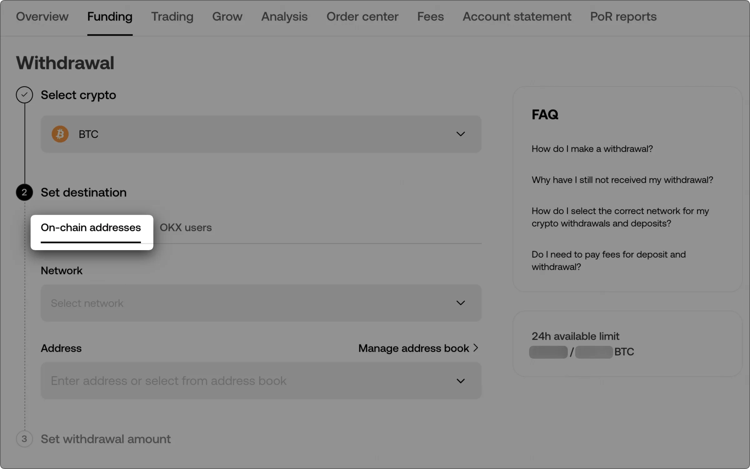 Official OKX web withdrawal screen with On-chain addresses selected and the network and address fields visible