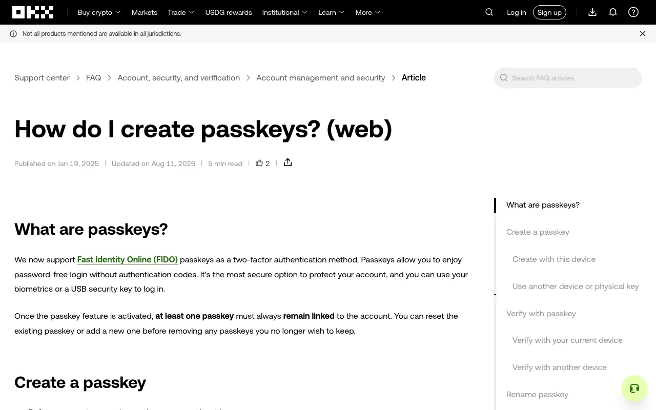 OKX Help Center page titled “How do I create passkeys? (web),” showing the article updated on August 11, 2026 and the opening explanation of passkeys
