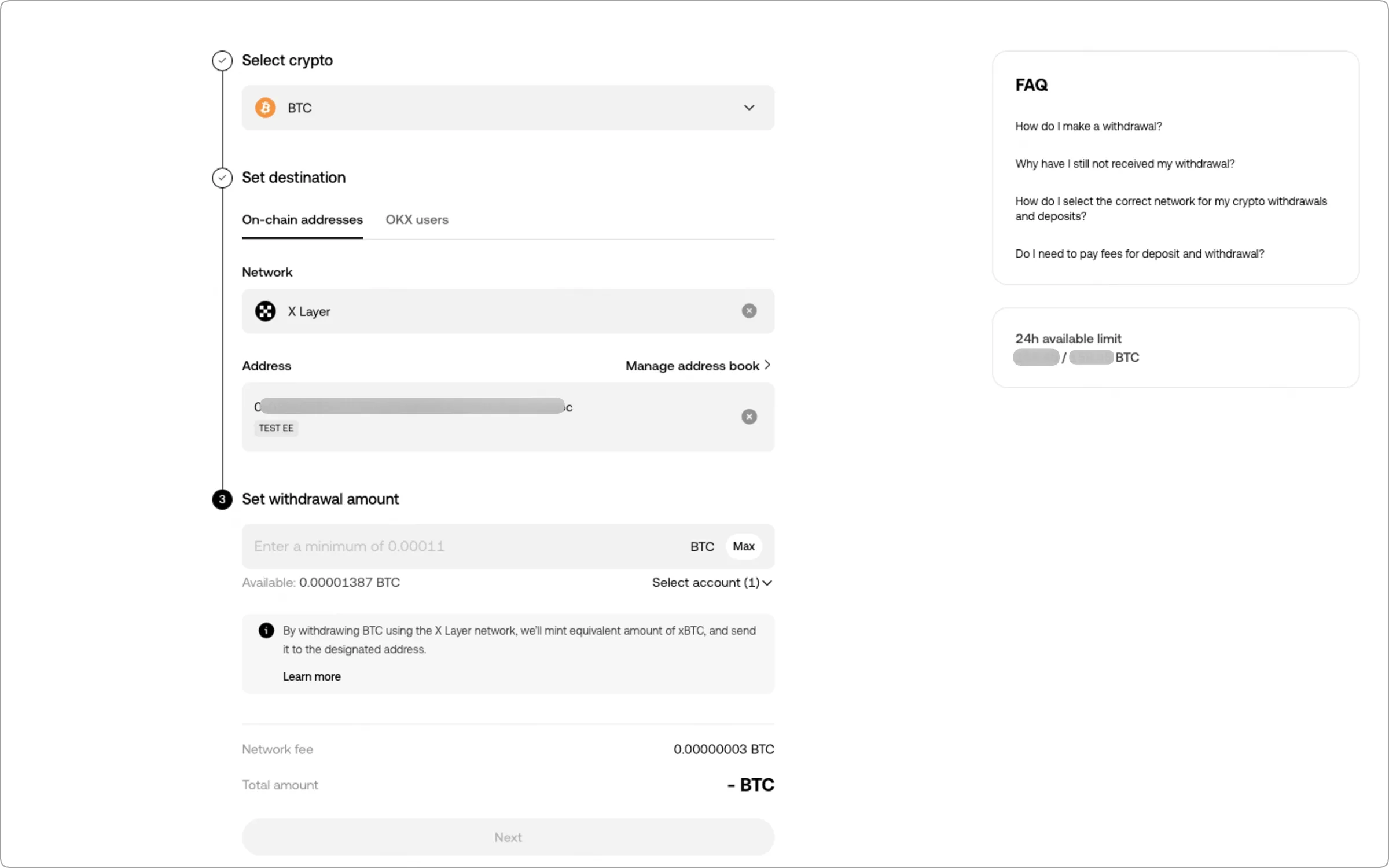 Official OKX web withdrawal form showing Bitcoin selected, X Layer as the example network, a masked example address, the amount field and the network fee
