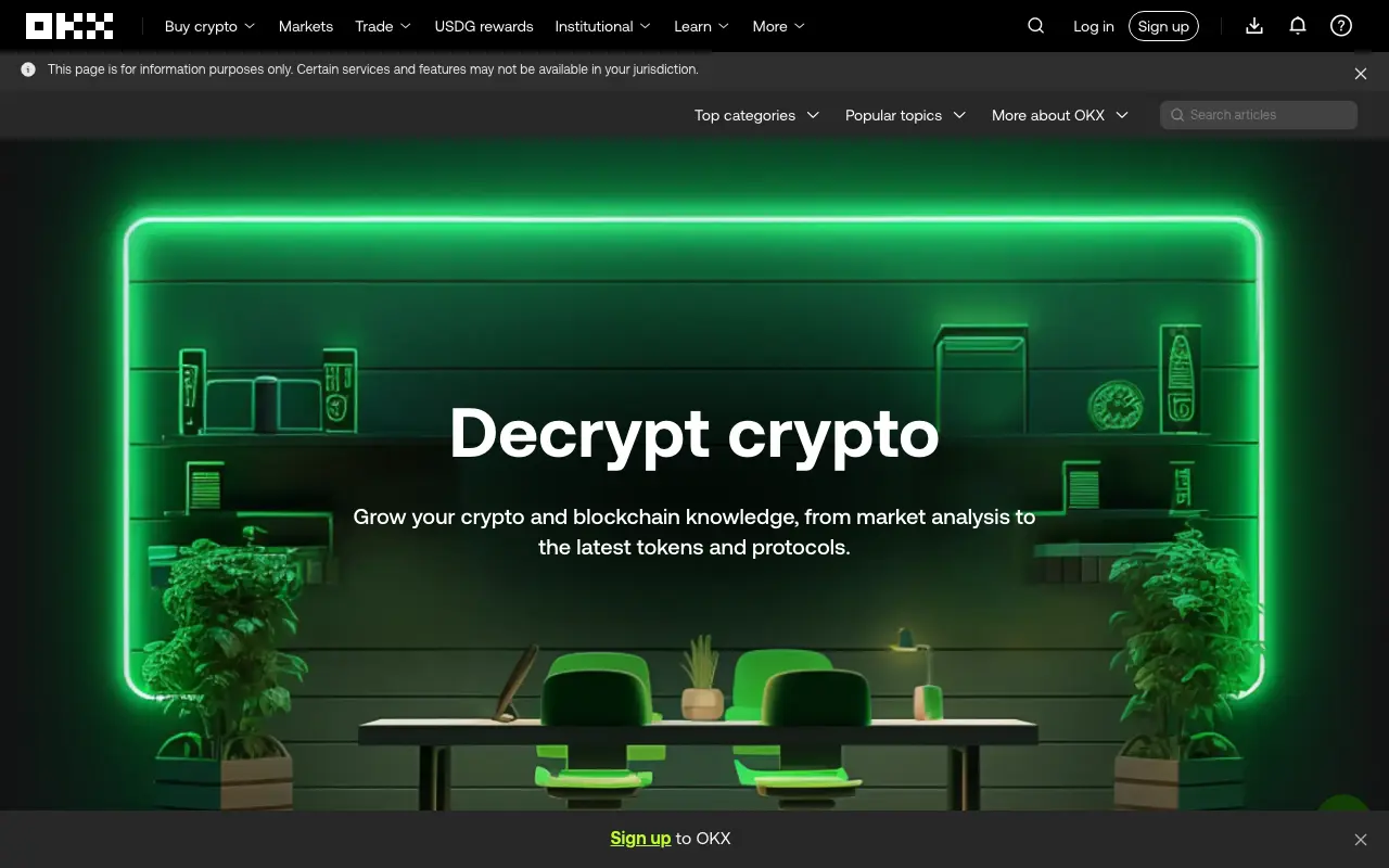 OKX Learn homepage on August 31, 2026, showing the Learn navigation, topic menus, article search, and the Decrypt crypto banner.