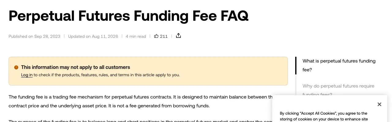 OKX official Perpetual Futures Funding Fee FAQ, updated August 11, 2026, warning that availability and terms can vary by customer.