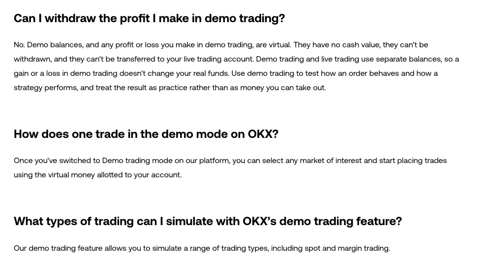 OKX help centre FAQ reading "Can I withdraw the profit I make in demo trading?" answered "No. Demo balances, and any profit or loss you make in demo trading, are virtual…", followed by the question about which trading types can be simulated.