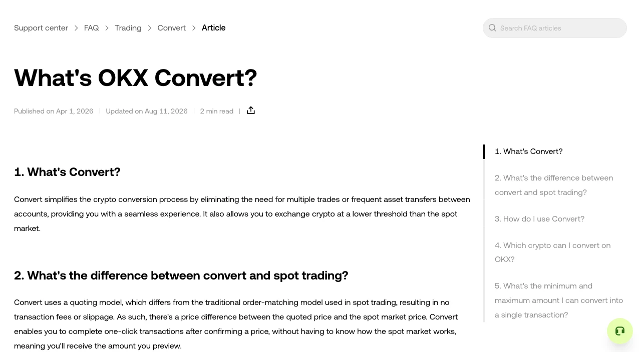 OKX support article "What's OKX Convert?", updated 11 August 2026, explaining that Convert uses a quoting model and allows exchanges at a lower threshold than the spot market