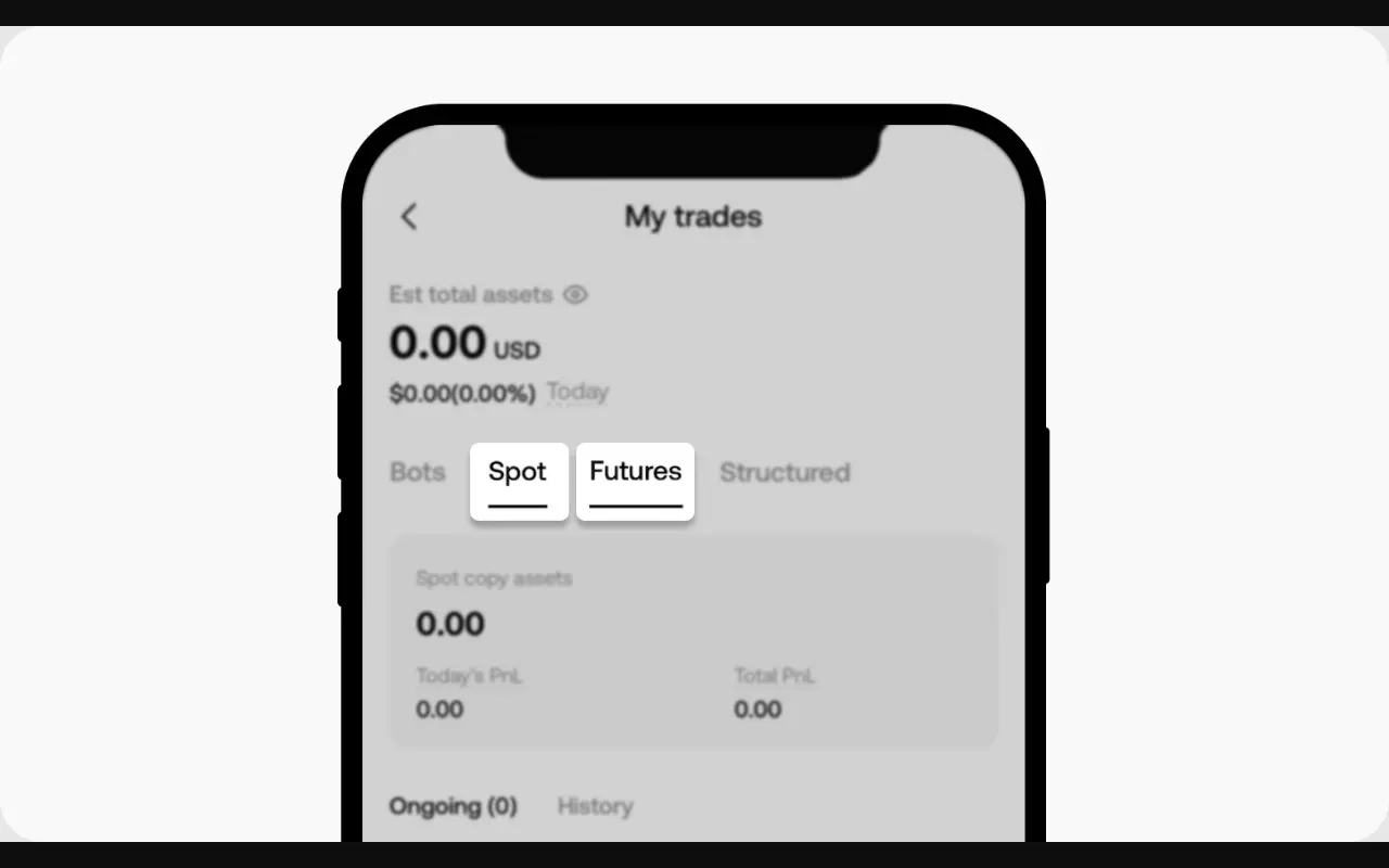 Anonymous OKX My trades screen showing the Spot and Futures tabs plus Ongoing and History sections.