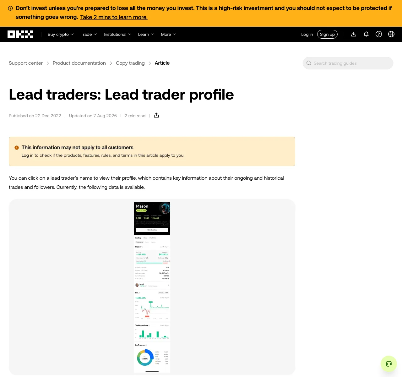 OKX Help Center page for the lead trader profile, showing its example profile image and performance charts.