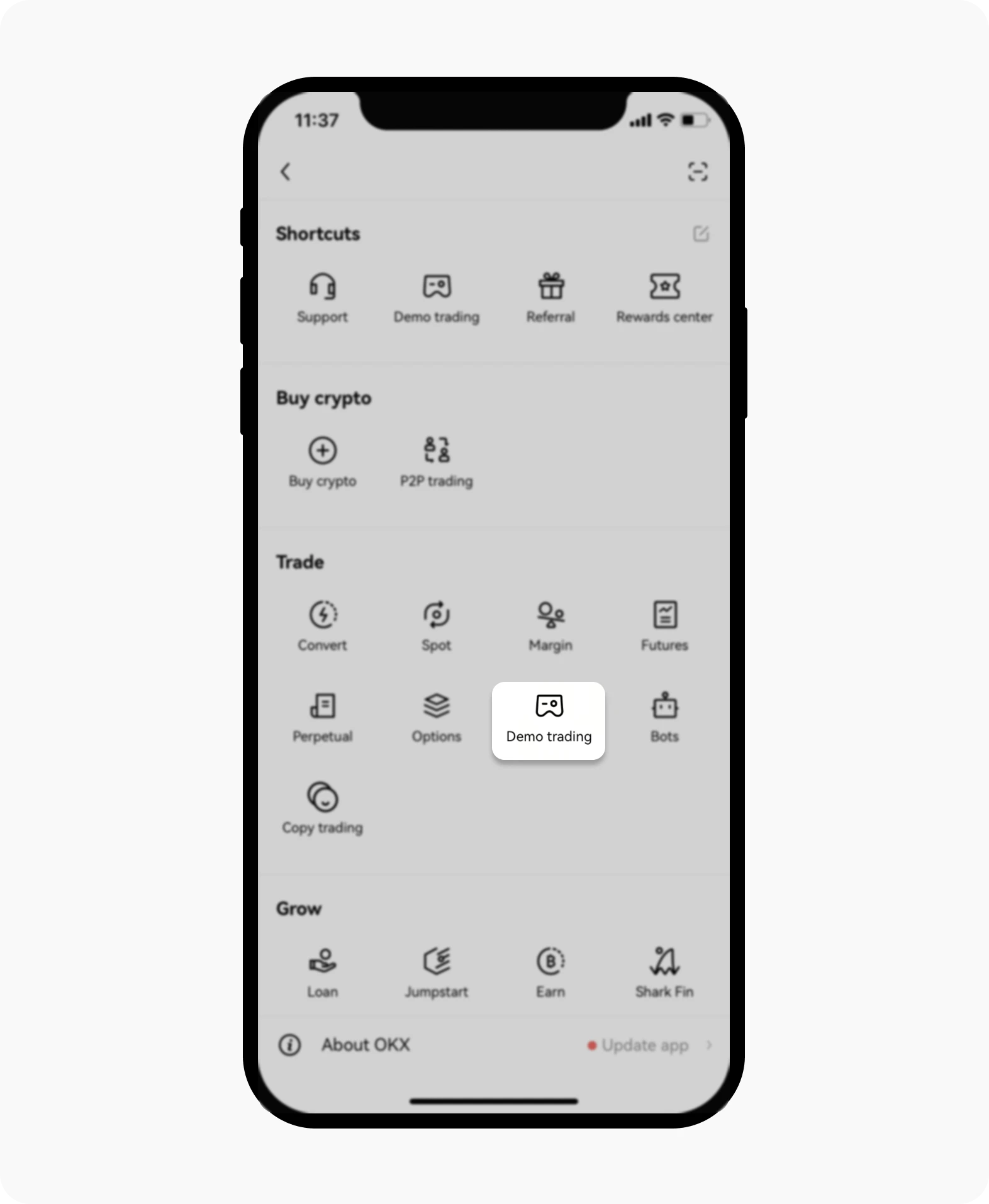 OKX app User Center showing Demo trading under Shortcuts and the Trade section.